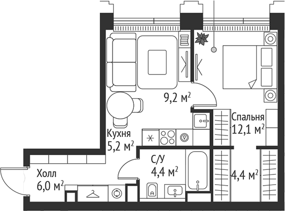 2-комн., 41.3 м², 6/45 этаж, ЖК «СЕТ»