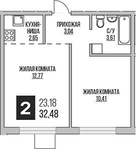 2-комн., 32.48 м², 13/14 этаж, ЖК «Гранель Аникеевский»