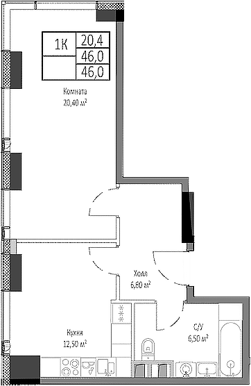 1-комн., 46 м², 4/35 этаж, ЖК «Мираполис»