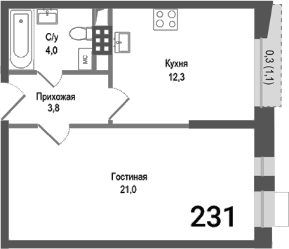 1-комн., 41.1 м², 3/4 этаж, ЖК «Киноквартал»