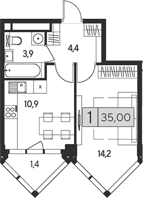 1-комн., 33.6 м², 27/28 этаж, ЖК «Инди Тауэрз от Аквилон»