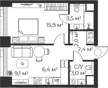 2-комн., 42.3 м², 31/71 этаж, ЖК «Веер»