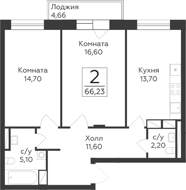 2-комн., 63.9 м², 9/17 этаж, ЖК «Малаховский»