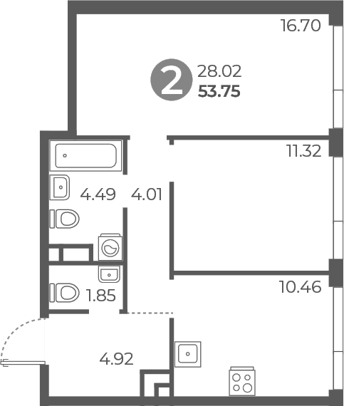 2-комн., 53.75 м², 3/20 этаж, ЖК «Нижегородская от Гранель»