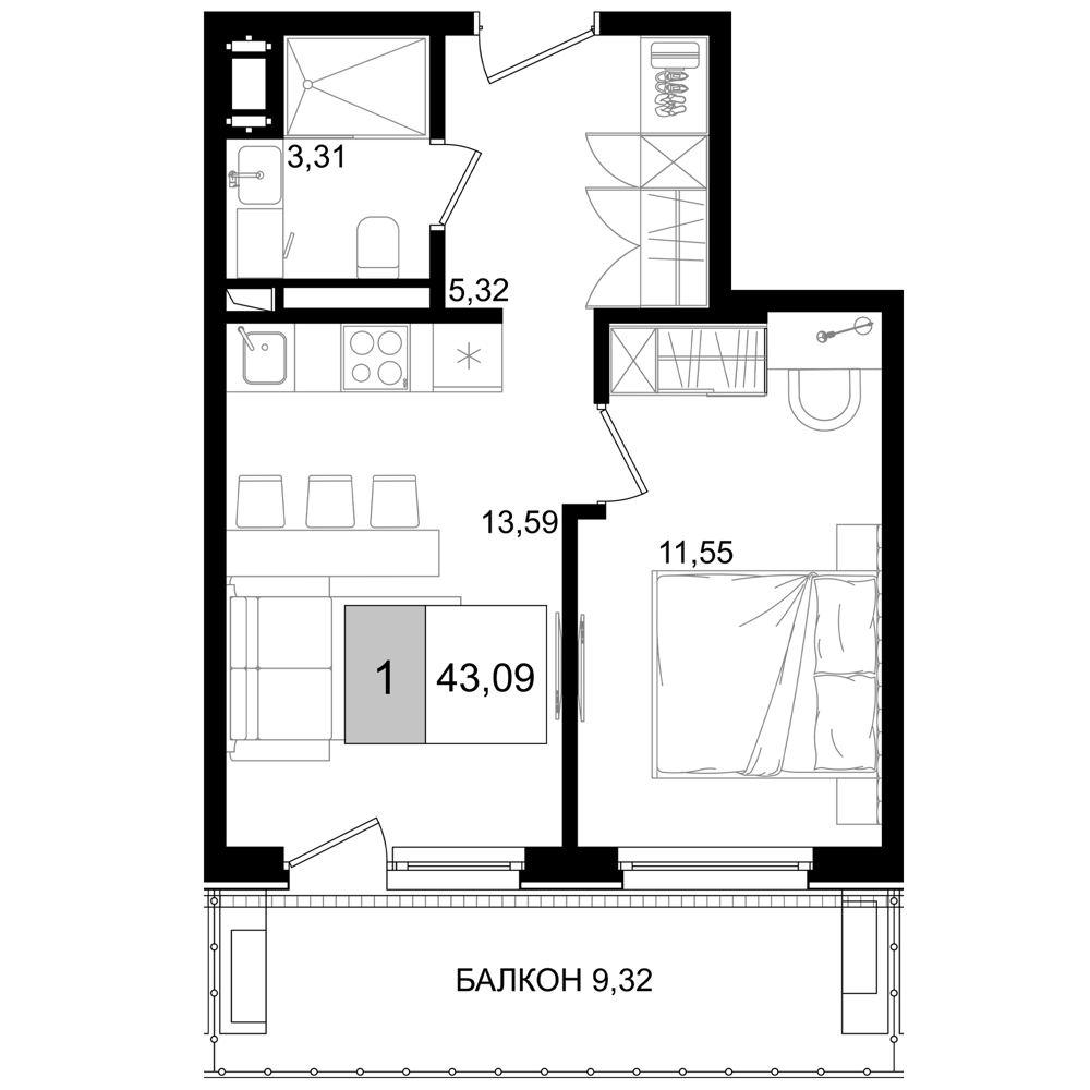 2-комн. квартира, 33.77 м² в ЖК IT гостиничный комплекс Корсаков — фото 2
