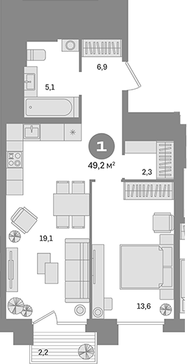 1-комн., 47 м², 4/23 этаж, ЖК «Квартал Герцена»