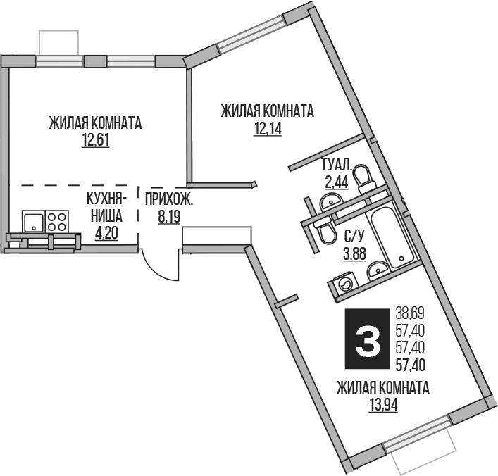 3-комн., 57.4 м², 4/4 этаж, ЖК «Гранель Аникеевский»