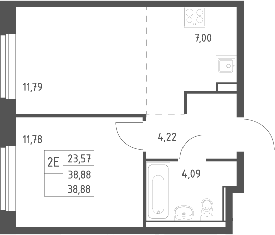 2-комн., 38.88 м², 11/17 этаж, ЖК «Квартал Ивакино»