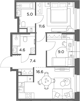 3-комн., 54.2 м², 6/6 этаж, ЖК «Станиславский»