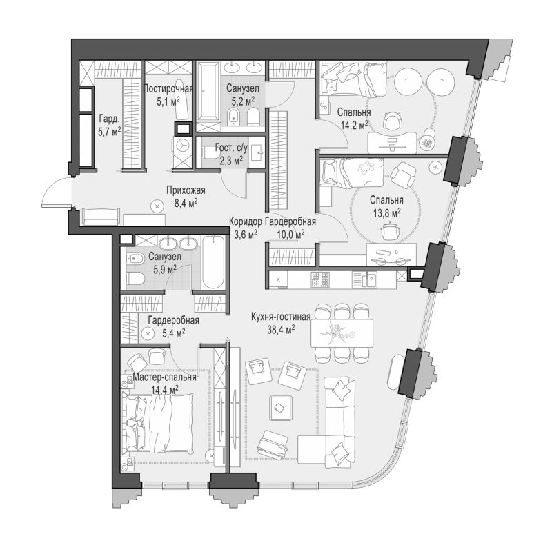 4+ комнаты, 131.9 м², 3/11 этаж, ЖК «Квартал Тишинский бульвар»