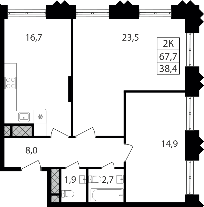 2-комн., 67.7 м², 9/30 этаж, ЖК «Варшавские ворота»