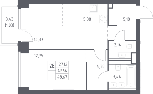 2-комн., 47.64 м², 10/40 этаж, ЖК «НОВА»