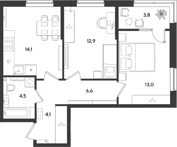 2-комн., 55.2 м², 2/18 этаж, ЖК «Ридз»