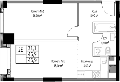 2-комн., 46.9 м², 17/33 этаж, ЖК «Мираполис»