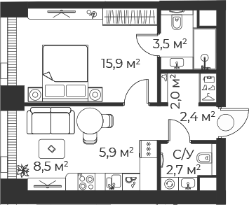 2-комн., 40.9 м², 29/71 этаж, ЖК «Веер»