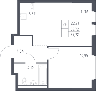 2-комн., 37.72 м², 14/17 этаж, ЖК «Пригород Лесное»