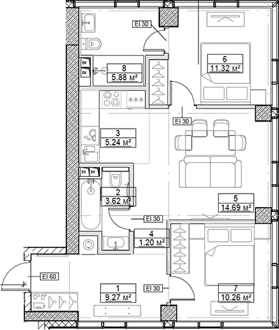 3-комн., 61.48 м², 2/48 этаж, ЖК «Сити Бэй»
