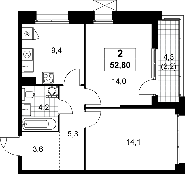 2-комн., 50.6 м², 4/19 этаж, ЖК «Прокшино»