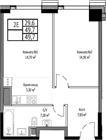 2-комн., 49.7 м², 27/35 этаж, ЖК «Мираполис»