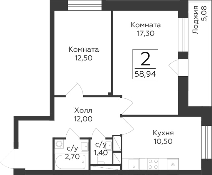 2-комн., 56.4 м², 10/17 этаж, ЖК «Малаховский»