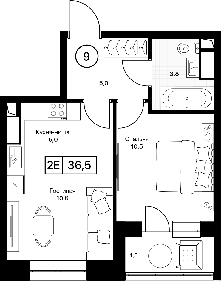 2-комн., 35 м², 16/17 этаж, ЖК «Пушкино Град»