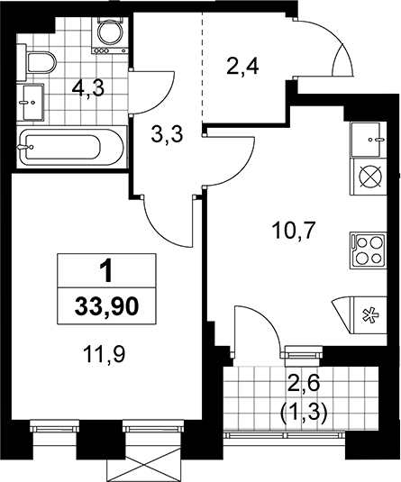 1-комн., 32.6 м², 9/19 этаж, ЖК «Прокшино»