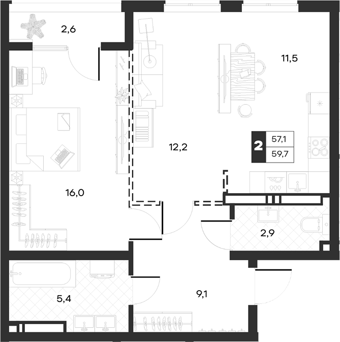2-комн., 57.08 м², 14/20 этаж, ЖК «Луиджи»