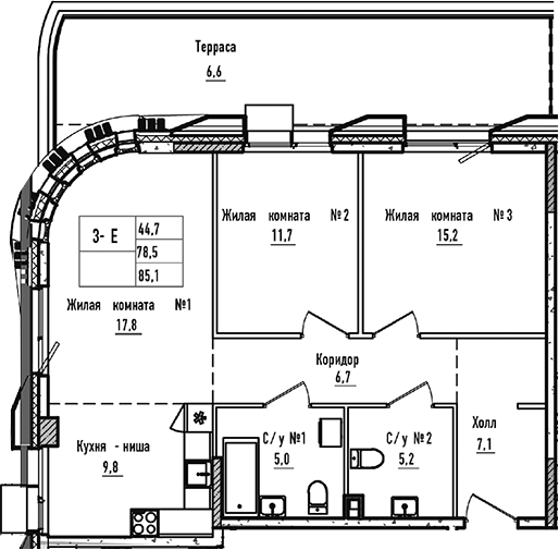 3-комн., 78.5 м², 2/17 этаж, ЖК «УНО.Соколиная гора»