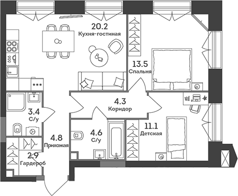 3-комн., 64.8 м², 7/37 этаж, ЖК «ЭРА»