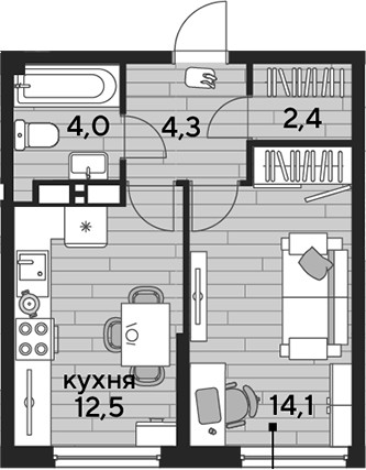 1-комн., 37.3 м², 11/16 этаж, ЖК «DОГМА ПАРК»