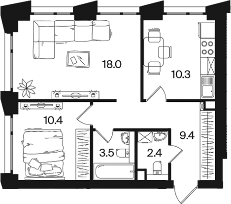 2-комн., 54 м², 21/26 этаж, ЖК «РАКУРС»