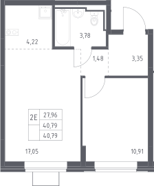 2-комн., 40.79 м², 11/12 этаж, ЖК «Богдановский лес»