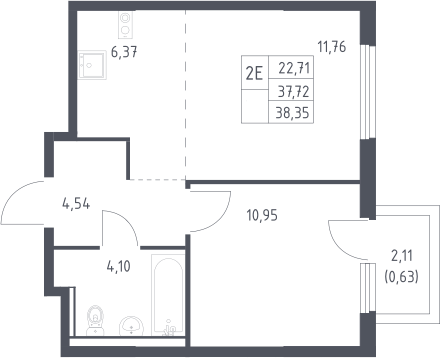 2-комн., 37.72 м², 9/17 этаж, ЖК «Пригород Лесное»