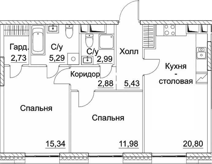 3-комн., 67.44 м², 16/16 этаж, ЖК «СЕЗАР СИТИ»