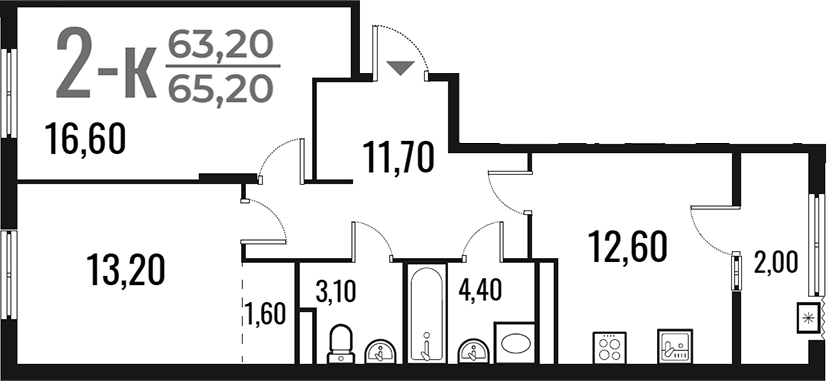 2-комн., 63.2 м², 7/7 этаж, ЖК «Новое Летово»