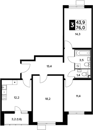 3-комн., 75.6 м², 11/20 этаж, ЖК «Южная Битца»