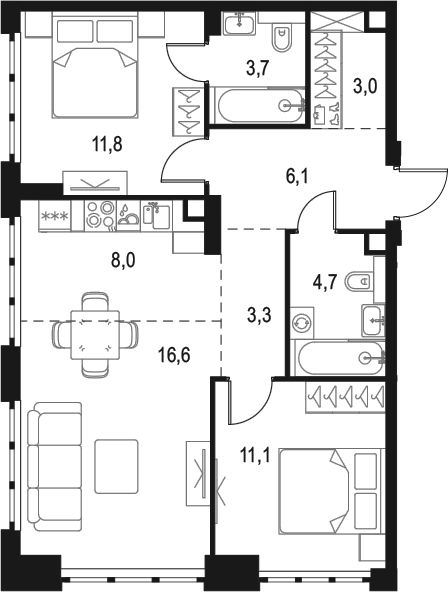 3-комн., 68.3 м², 41/49 этаж, ЖК «Левел Южнопортовая»