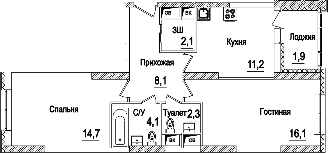 2-комн., 58.9 м², 19/21 этаж, ЖК «Рассказово»