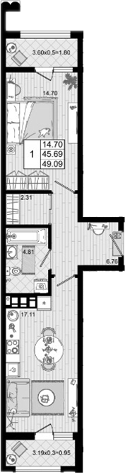 1-комн. квартира, 45.69 м² в ЖК Резиденция морей — фото 2