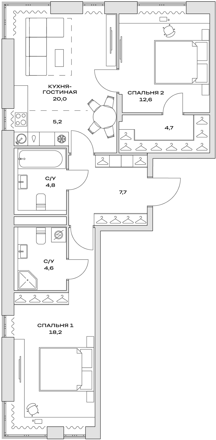3-комн., 72.7 м², 4/11 этаж, ЖК «Детали»