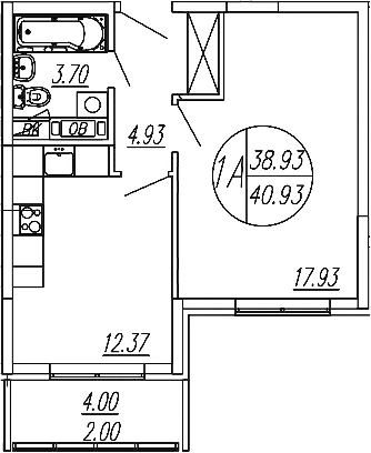 1-комн., 38.9 м², 1/4 этаж, ЖК «Шолохово»