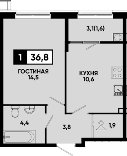 1-комн., 35.2 м², 1/12 этаж, ЖК «Квартал на курорте Моя Легенда»