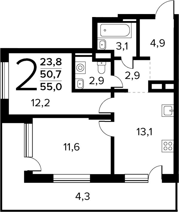 2-комн., 50.7 м², 1/14 этаж, ЖК «Новые Ватутинки Квартал у реки»