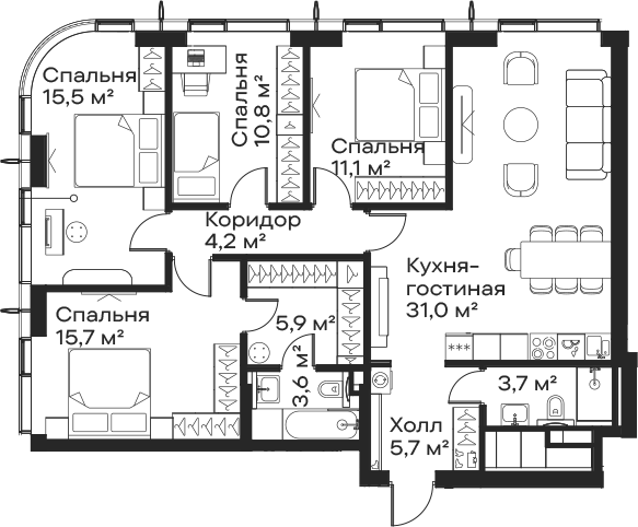 4+ комнаты, 107.2 м², 53/59 этаж, ЖК «Сити Бэй»