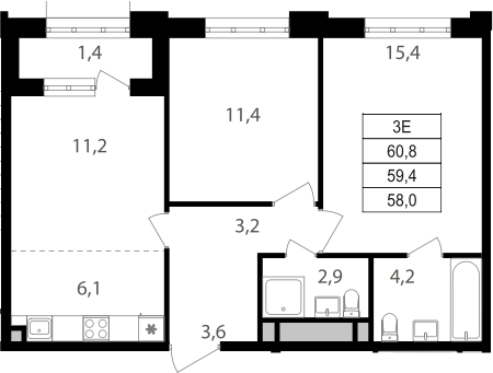 3-комн., 58 м², 19/20 этаж, ЖК «Михалковский»