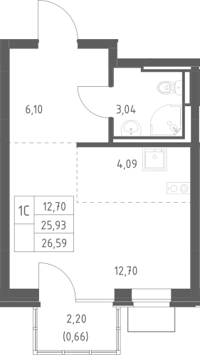 Студия, 25.93 м², 12/12 этаж, ЖК «Богдановский лес»