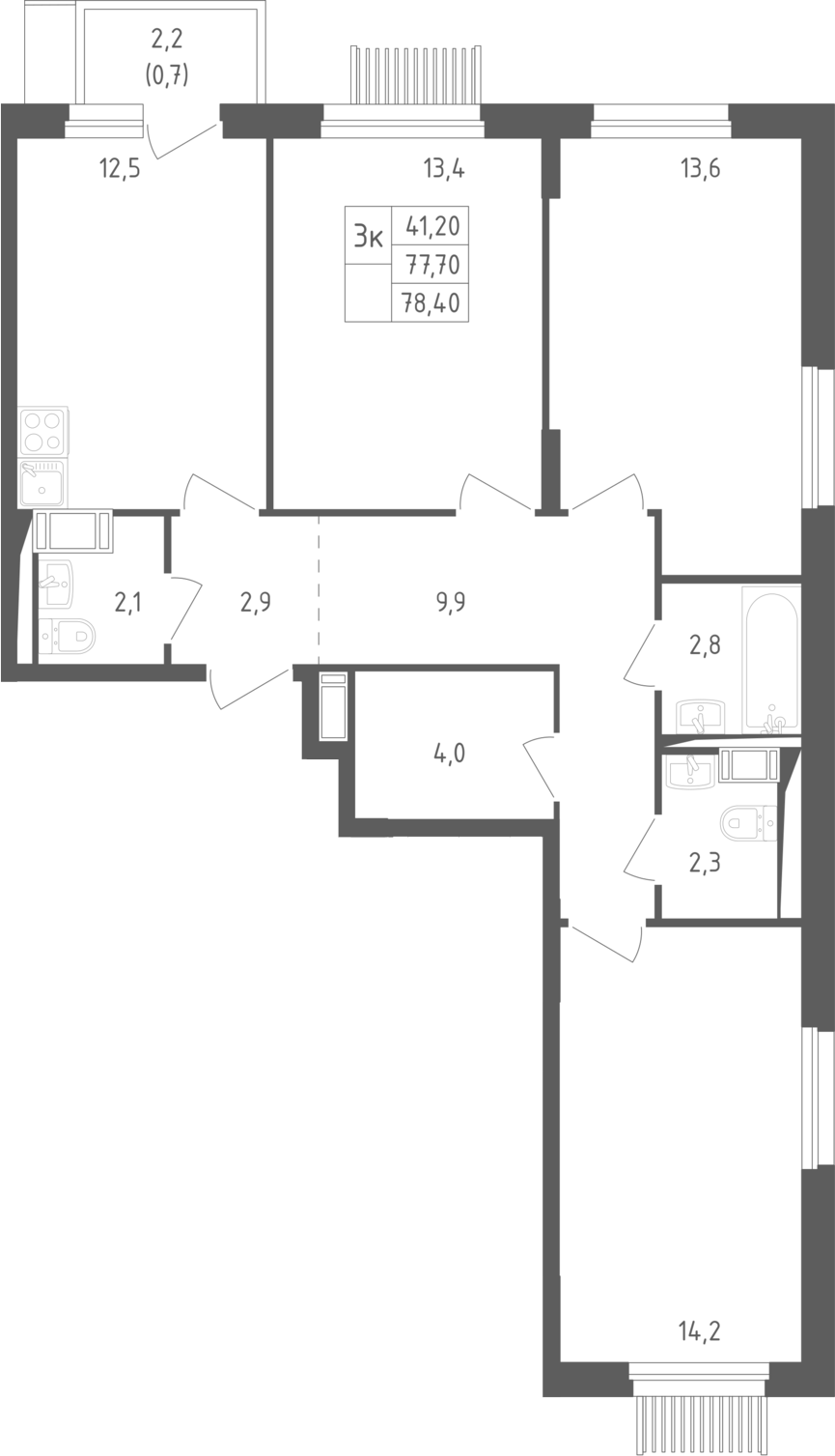 3-комн., 77.7 м², 7/10 этаж, ЖК «Мытищи Парк»