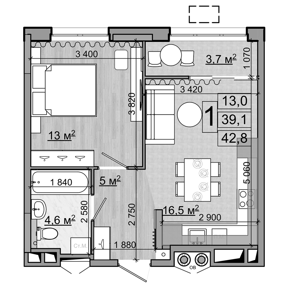 2-комн., 39.1 м², 18/18 этаж, ЖК «Гранд Комфорт»