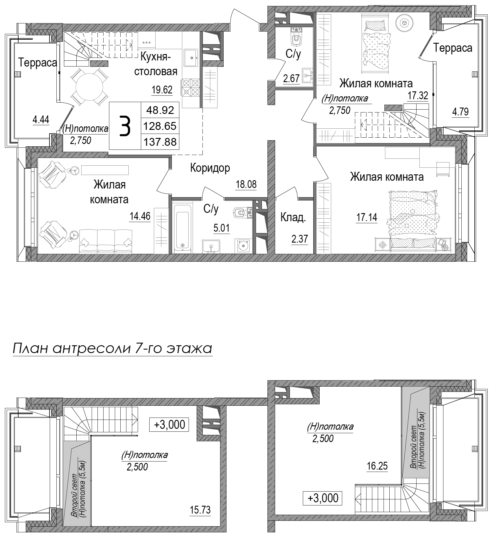3-комн., 121.95 м², 7/7 этаж, ЖК «АРТ»
