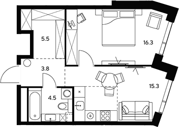1-комн., 45.4 м², 22/46 этаж, ЖК «НЕКСУС от Аквилон»